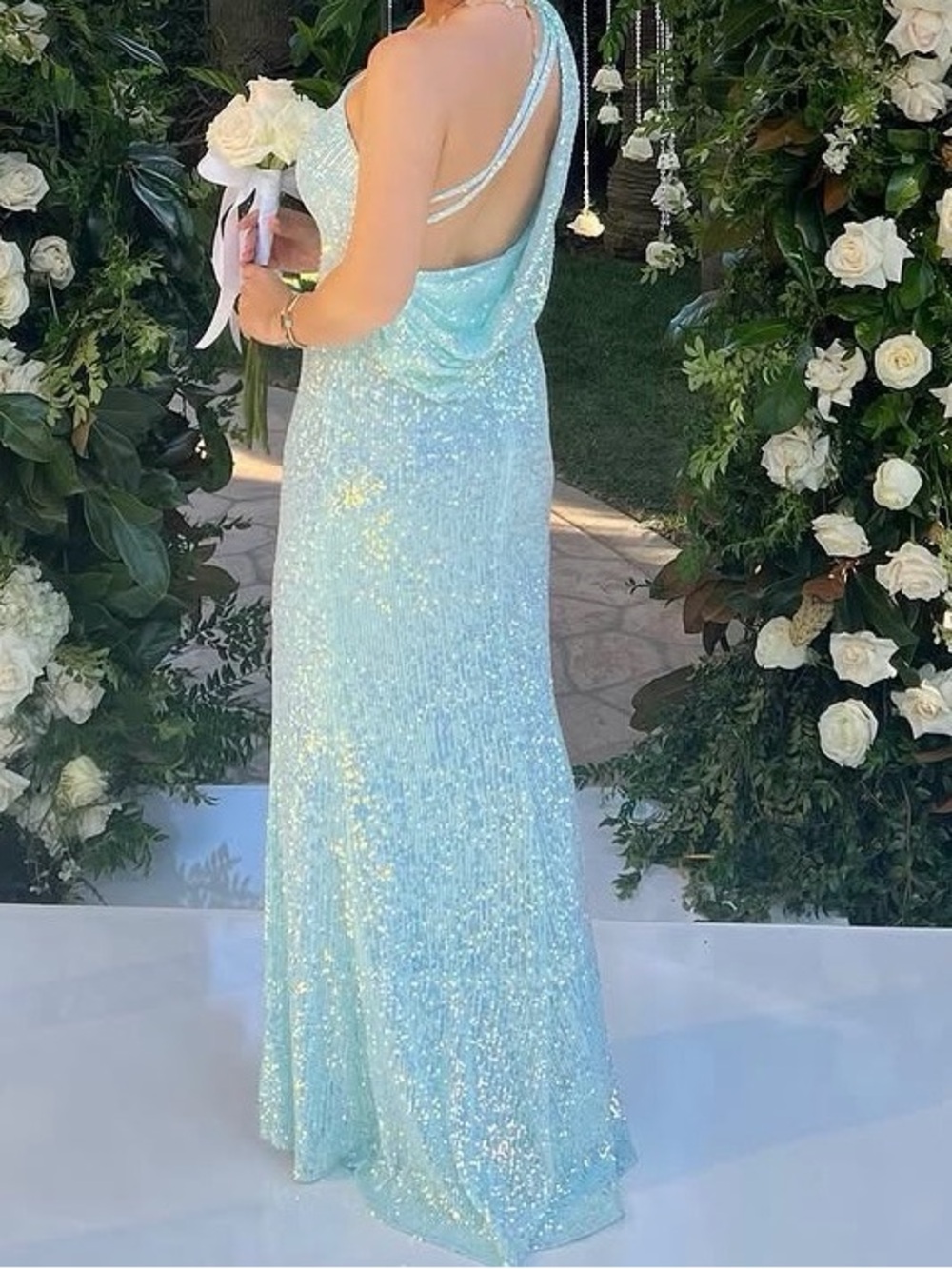 Mac Duggal Ice Blue Sequin Cowl-Back Evening Gown